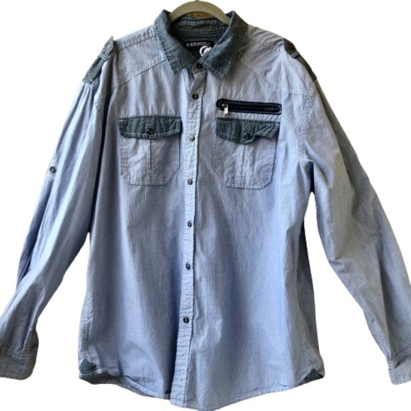 Ecko Unlimited Blue Stripes SNAP Cotton Shirt Long Sleeves Roll up - Picture 11 of 11